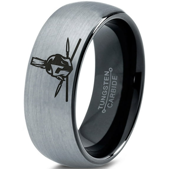 Tungsten Greek Roman Helmet Mohawk Crossed Spears Band Ring 8mm Men Women Comfort Fit Black Dome Brushed Gray Polished