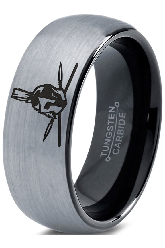 Tungsten Greek Roman Helmet Mohawk Crossed Spears Band Ring 8mm Men Women Comfort Fit Black Dome Brushed Gray Polished