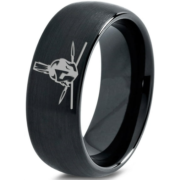 Tungsten Greek Roman Helmet Mohawk Crossed Spears Band Ring 8mm Men Women Comfort Fit Black Dome Brushed Polished
