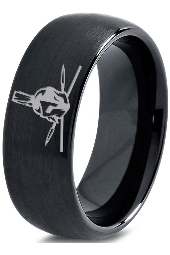 Tungsten Greek Roman Helmet Mohawk Crossed Spears Band Ring 8mm Men Women Comfort Fit Black Dome Brushed Polished