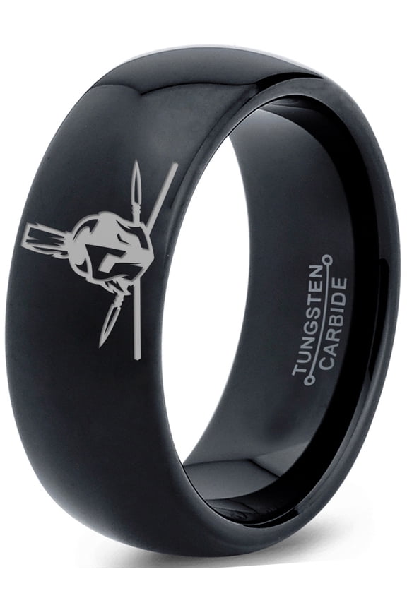 Tungsten Greek Roman Helmet Mohawk Crossed Spears Band Ring 8mm Men Women Comfort Fit Black Dome Polished