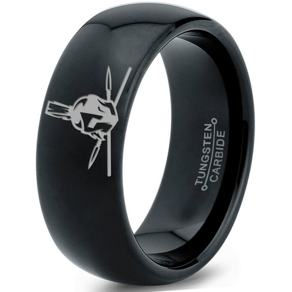 Tungsten Greek Roman Helmet Mohawk Crossed Spears Band Ring 8mm Men Women Comfort Fit Black Dome Polished