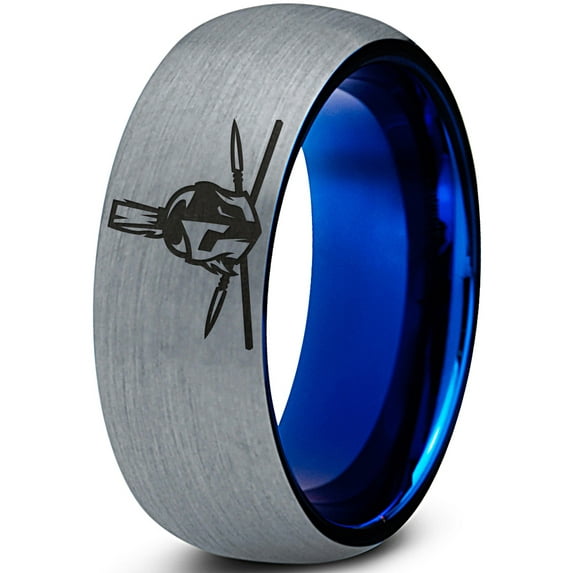 Tungsten Greek Roman Helmet Mohawk Crossed Spears Band Ring 8mm Men Women Comfort Fit Blue Dome Brushed Gray Polished