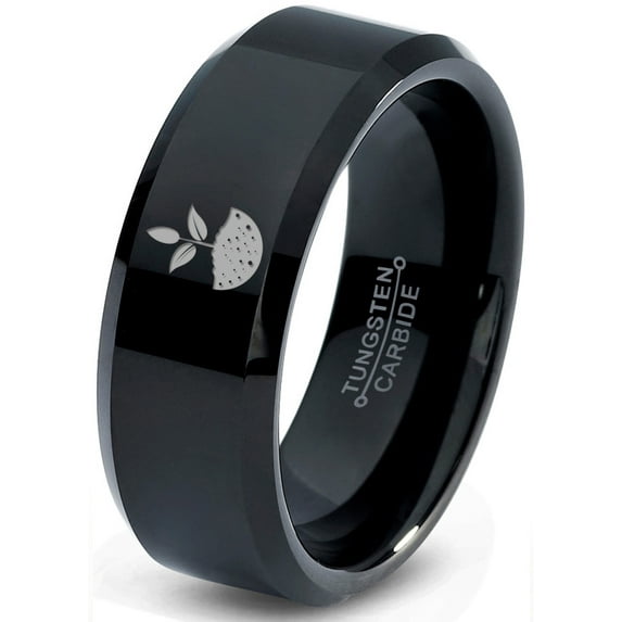 Tungsten Growing Planting Nature Plant Band Ring 8mm Men Women Comfort Fit Black Beveled Edge Polished