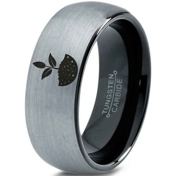 Tungsten Growing Planting Nature Plant Band Ring 8mm Men Women Comfort Fit Black Dome Brushed Gray Polished