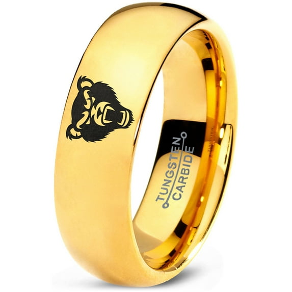 Tungsten Growling Grizzly Black Bear Band Ring 7mm Men Women Comfort Fit 18k Yellow Gold Dome Polished