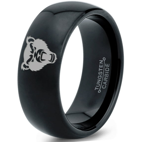 Tungsten Growling Grizzly Black Bear Band Ring 8mm Men Women Comfort Fit Black Dome Polished