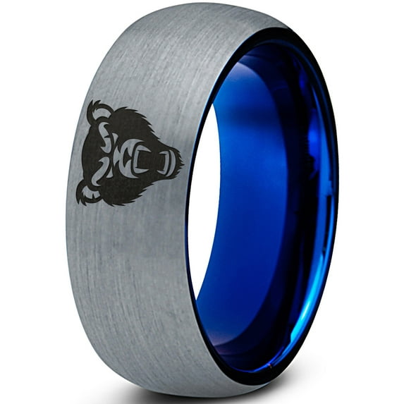 Tungsten Growling Grizzly Black Bear Band Ring 8mm Men Women Comfort Fit Blue Dome Brushed Gray Polished