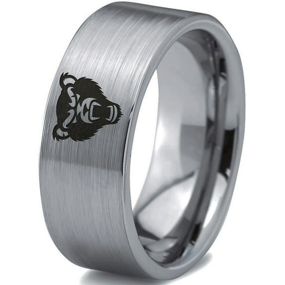 Tungsten Growling Grizzly Black Bear Band Ring 8mm Men Women Comfort Fit Gray Flat Cut Brushed Polished