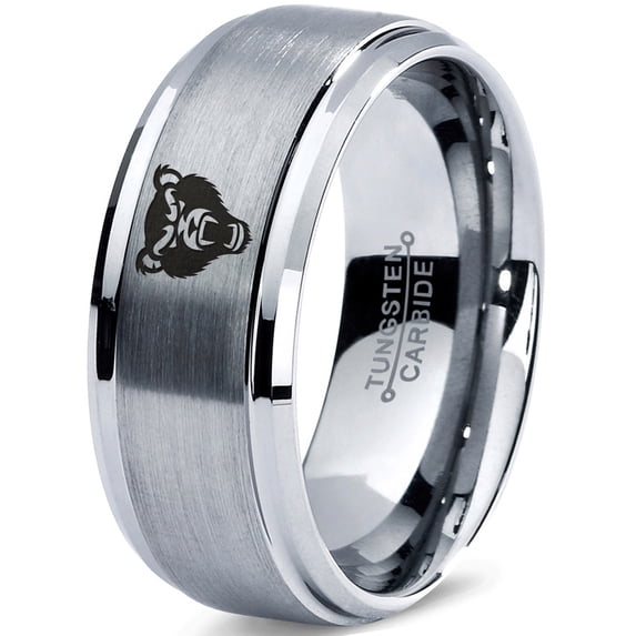 Tungsten Growling Grizzly Black Bear Band Ring 8mm Men Women Comfort Fit Gray Step Bevel Edge Brushed Polished
