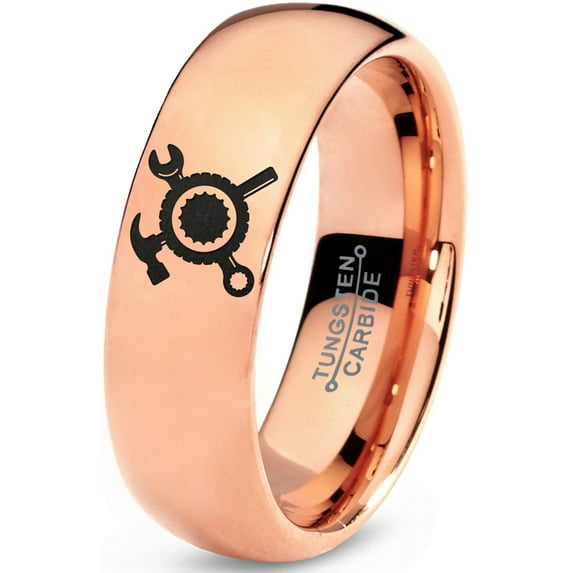 Tungsten Hammer Wrench Screw Crossed Band Ring 7mm Men Women Comfort Fit 18k Rose Gold Dome Polished