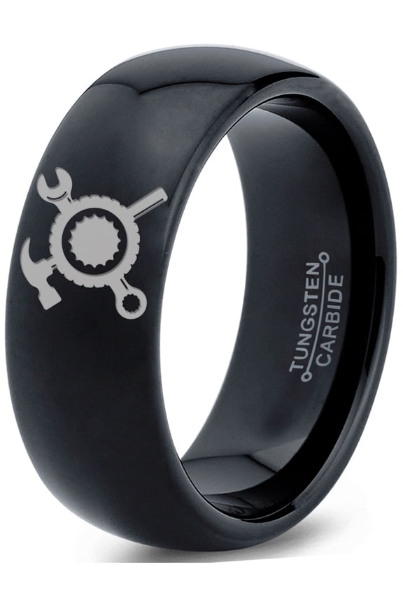 Tungsten Hammer Wrench Screw Crossed Band Ring 8mm Men Women Comfort Fit Black Dome Polished