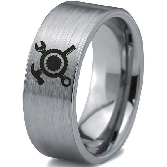 Tungsten Hammer Wrench Screw Crossed Band Ring 8mm Men Women Comfort Fit Gray Flat Cut Brushed Polished