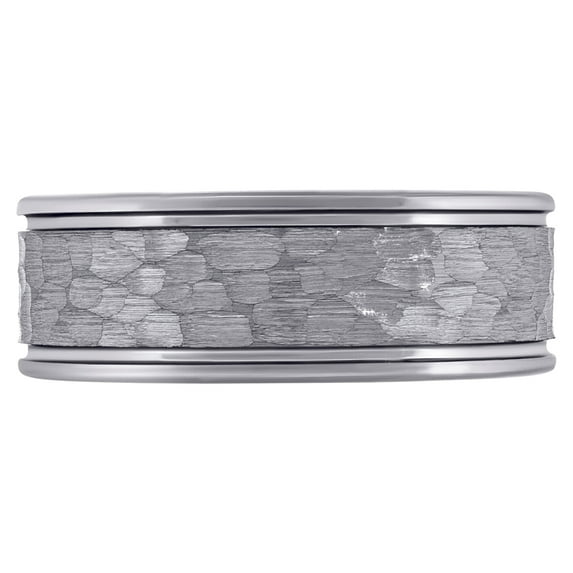 Tungsten Hammered Finish Center Dual Offset Grooves Mens Comfort-fit 8mm Size 7.5 Wedding Anniversar Ring for Men