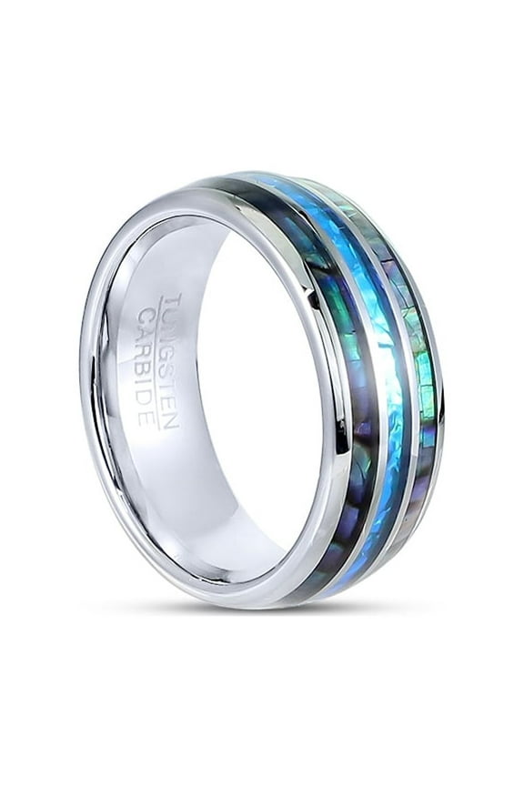 Tungsten Hawaii Australia Wedding Engagement Band Ring 8mm Men Comfort Fit Exotic Opal Gem Abalone - size 10