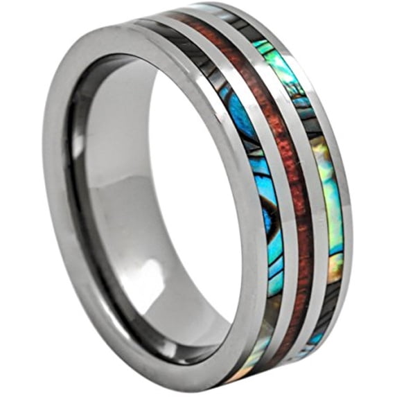 Tungsten Hawaiian Koa Wood and Abalone Ring 8mm Comfort Fit Band Flat Top Size 6 to 15 (13)