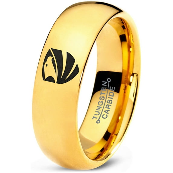 Tungsten Hawk Bald Eagle Wings Crest Band Ring 7mm Men Women Comfort Fit 18k Yellow Gold Dome Polished