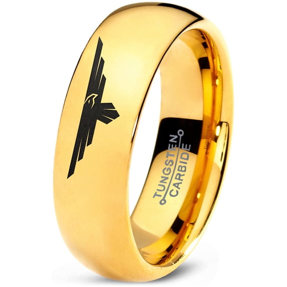 Tungsten Hawk Flying Eagle Bird Nest Band Ring 7mm Men Women Comfort Fit 18k Yellow Gold Dome Polished