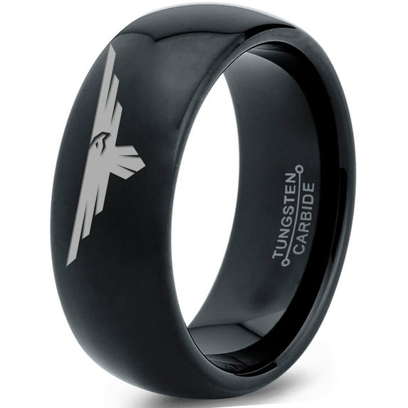 Tungsten Hawk Flying Eagle Bird Nest Band Ring 8mm Men Women Comfort Fit Black Dome Polished