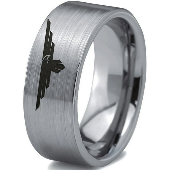 Tungsten Hawk Flying Eagle Bird Nest Band Ring 8mm Men Women Comfort Fit Gray Flat Cut Brushed Polished