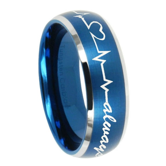 Tungsten Heart Beat forever Heart always more 8mm Brushed Blue Two Tone Dome Polished Edges Men Ring