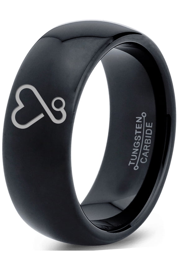 Tungsten Heart Cancer Survivor Love Band Ring 8mm Men Women Comfort Fit Black Dome Polished