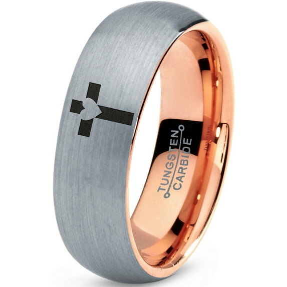 Tungsten Heart Cross Band Ring 7mm Men Women Comfort Fit 18k Rose Gold Dome Brushed Gray Polished