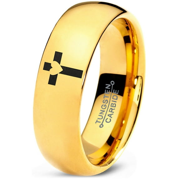 Tungsten Heart Cross Band Ring 7mm Men Women Comfort Fit 18k Yellow Gold Dome Polished