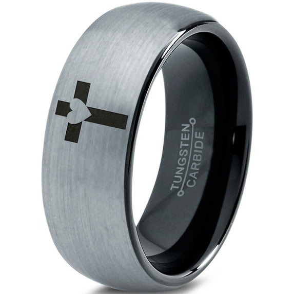 Tungsten Heart Cross Band Ring 8mm Men Women Comfort Fit Black Dome Brushed Gray Polished