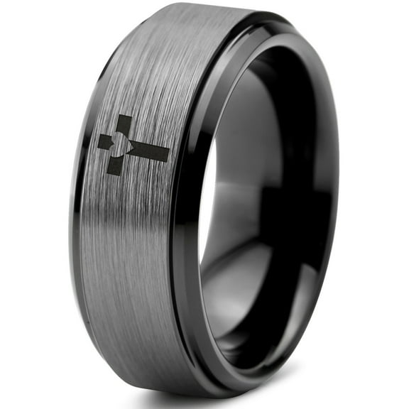 Tungsten Heart Cross Band Ring 8mm Men Women Comfort Fit Black Step Bevel Edge Brushed Gray Polished