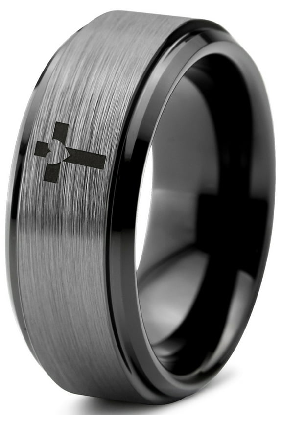 Tungsten Heart Cross Band Ring 8mm Men Women Comfort Fit Black Step Bevel Edge Brushed Gray Polished