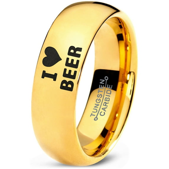Tungsten Heart Love Beer Band Ring 7mm Men Women Comfort Fit 18k Yellow Gold Dome Polished