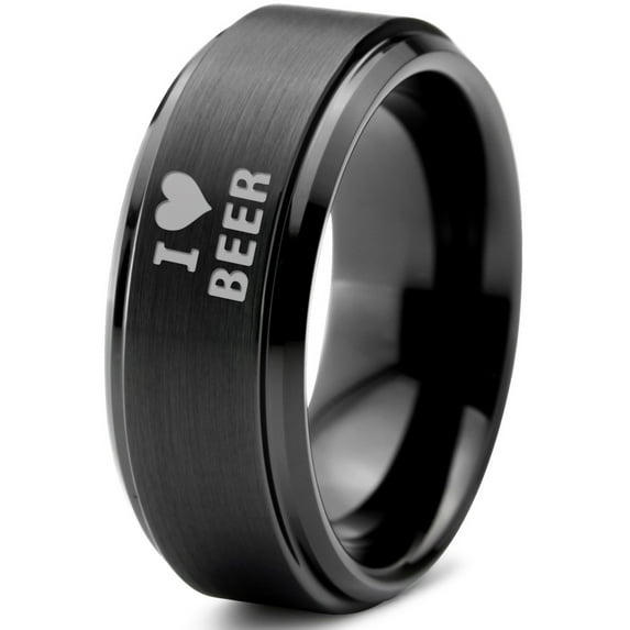 Tungsten Heart Love Beer Band Ring 8mm Men Women Comfort Fit Black Step Bevel Edge Brushed Polished