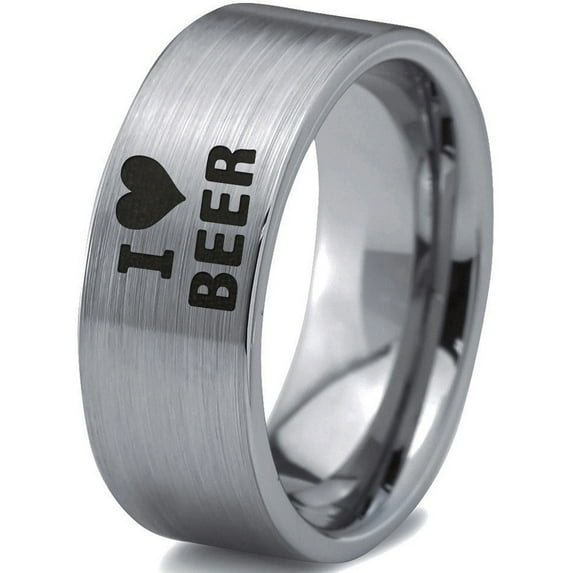 Tungsten Heart Love Beer Band Ring 8mm Men Women Comfort Fit Gray Flat Cut Brushed Polished