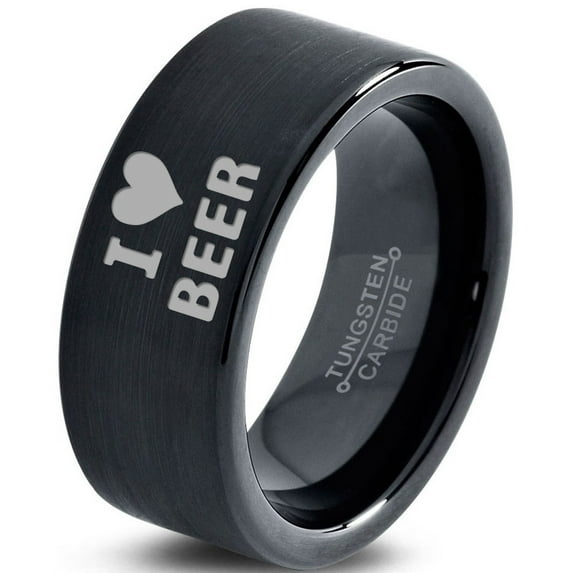 Tungsten Heart Love Beer Band Ring 9mm Men Women Comfort Fit Black Flat Cut Brushed Polished