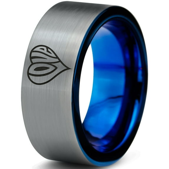 Tungsten Heart Love Hippy Boho Emoji Band Ring 8mm Men Women Comfort Fit Blue Flat Cut Brushed Gray Polished