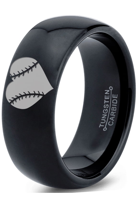 Tungsten Heart Shaped Baseball Ball Band Ring 8mm Men Women Comfort Fit Black Dome Polished