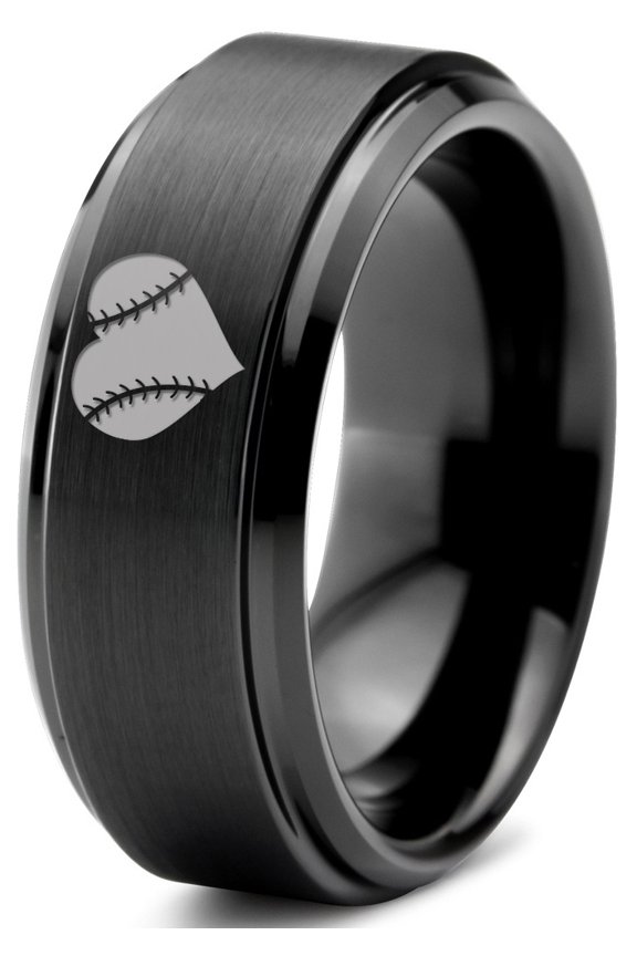 Tungsten Heart Shaped Baseball Ball Band Ring 8mm Men Women Comfort Fit Black Step Bevel Edge Brushed Polished