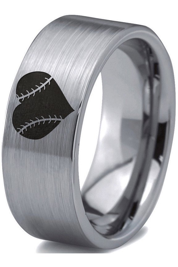 Tungsten Heart Shaped Baseball Ball Band Ring 8mm Men Women Comfort Fit Gray Flat Cut Brushed Polished