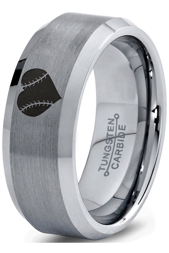 Tungsten Heart Shaped Baseball Ball Band Ring 8mm Men Women Comfort Fit Gray Step Bevel Edge Brushed Polished