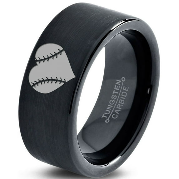 Tungsten Heart Shaped Baseball Ball Band Ring 9mm Men Women Comfort Fit Black Flat Cut Brushed Polished