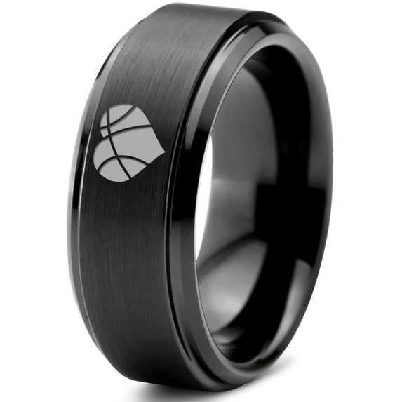 Tungsten Heart Shaped Basketball Ball Band Ring 8mm Men Women Comfort Fit Black Step Bevel Edge Brushed Polished