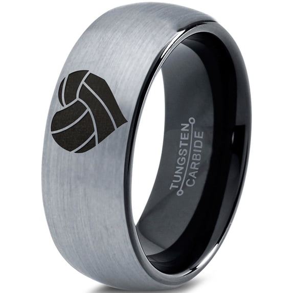 Tungsten Heart Shaped Volleyball Ball Band Ring 8mm Men Women Comfort Fit Black Dome Brushed Gray Polished