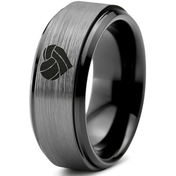 Tungsten Heart Shaped Volleyball Ball Band Ring 8mm Men Women Comfort Fit Black Step Bevel Edge Brushed Gray Polished