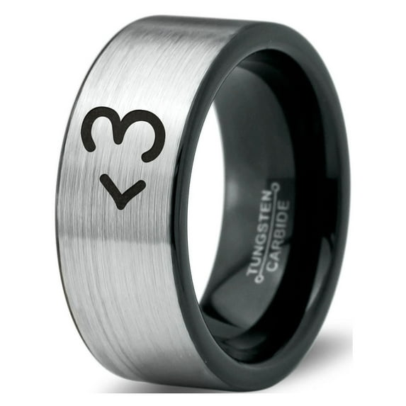 Tungsten Heart Text Symbol Love Band Ring 8mm Men Women Comfort Fit Brushed Gray Flat Cut Black Polished