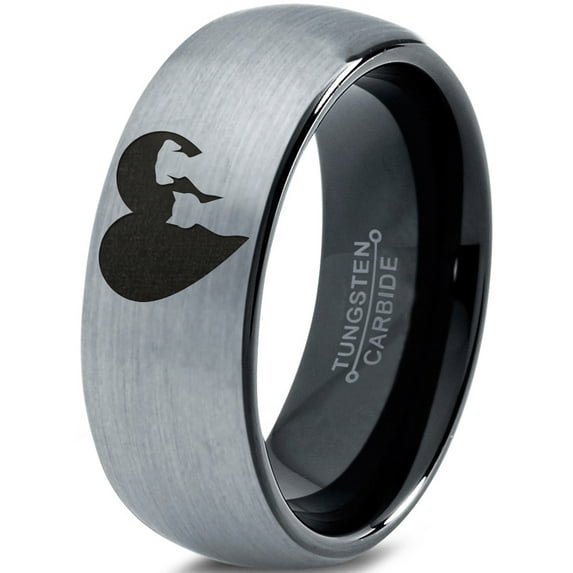 Tungsten Heart Yin Yang Dog Cat Lovers Band Ring 8mm Men Women Comfort Fit Black Dome Brushed Gray Polished