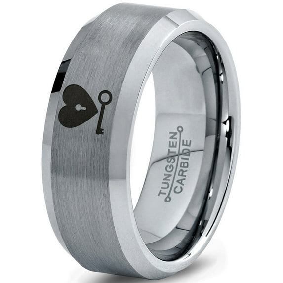 Tungsten Heart and Key Band Ring 8mm Men Women Comfort Fit Gray Bevel Edge Brushed Polished