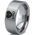 thumbnail image 1 of Tungsten Heart and Key Band Ring 8mm Men Women Comfort Fit Gray Flat Cut Brushed Polished, 1 of 4
