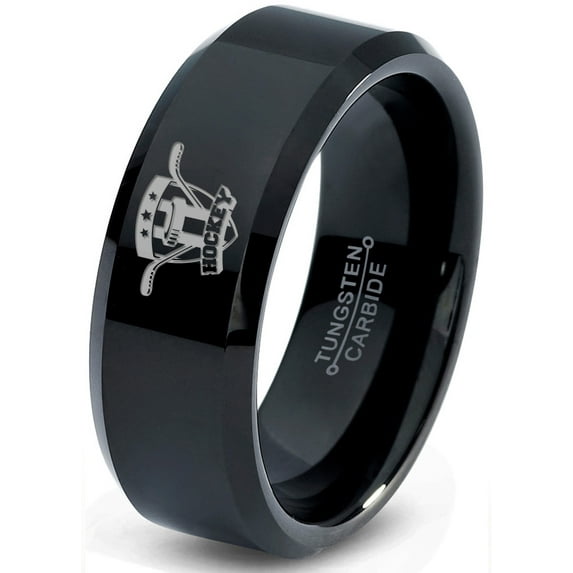 Tungsten Hockey Ring Band Ring 8mm Men Women Comfort Fit Black Beveled Edge Polished