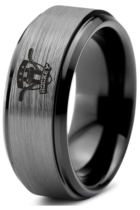 Tungsten Hockey Ring Band Ring 8mm Men Women Comfort Fit Black Step Bevel Edge Brushed Gray Polished